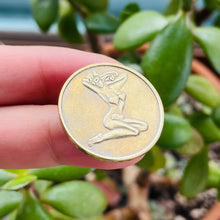 Load image into Gallery viewer, READY TO SHIP Pin-Up Girl Token Pin Made from Real 1980's Vintage Kitty's Adult Center Token
