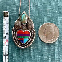 Load image into Gallery viewer, FULL SALE DONATED: Sacred Heart Pendant with Turquoise and Inlay Cabochon, in Sterling Silver with Copper Backplate