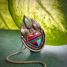 Load image into Gallery viewer, FULL SALE DONATED: Sacred Heart Pendant with Turquoise and Inlay Cabochon, in Sterling Silver with Copper Backplate