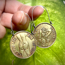 Load image into Gallery viewer, MADE TO ORDER Peep Show Token Earrings, Busty Lady “Heads I Win / Tails You Lose”