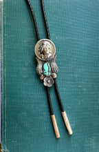 Load image into Gallery viewer, Bolo Tie with 1964 Silver Pop-Out Coin, Turquoise and Handmade Leaves & Flower in Solid Sterling Silver