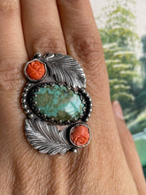 Load image into Gallery viewer, Stunning Turquoise and Carved Coral Roses Ring. Adjustable Size.