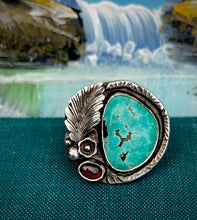 Load image into Gallery viewer, Epic Turquoise and Garnet Sterling Statement Ring. Adjustable Size.