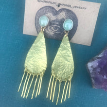 Load image into Gallery viewer, Hammered Brass Shoulder Duster Earrings with Jade and Sterling Silver Posts