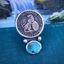 Load image into Gallery viewer, 1870 Spain Spanish Coin Ring with Turquoise. Lion and Shield. Adjustable Size.