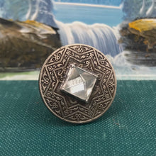 Load image into Gallery viewer, Moroccan Coin Ring with Quartz Pyramid and Shank Made from Vintage Sterling Baby Spoon. Size 6.75.