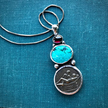 Load image into Gallery viewer, Roman Spintria Coin Pendant with Turquoise and Garnet on Sterling Silver Chain