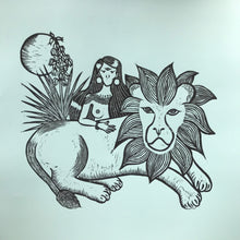 Load image into Gallery viewer, “Protectors” Hand-Pressed Linocut Art Print by Autopilot Empires. Lion, Woman and Moon.