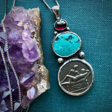 Load image into Gallery viewer, Roman Spintria Coin Pendant with Turquoise and Garnet on Sterling Silver Chain