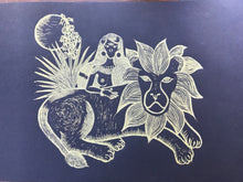 Load image into Gallery viewer, “Protectors” Hand-Pressed Linocut Art Print by Autopilot Empires. Lion, Woman and Moon.
