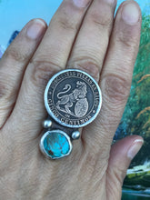 Load image into Gallery viewer, 1870 Spain Spanish Coin Ring with Turquoise. Lion and Shield. Adjustable Size.