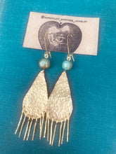 Load image into Gallery viewer, Hammered Brass Shoulder Duster Earrings with Turquoise Beads and Goldplate Earwires