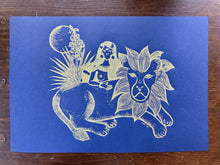 Load image into Gallery viewer, “Protectors” Hand-Pressed Linocut Art Print by Autopilot Empires. Lion, Woman and Moon.