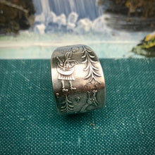 Load image into Gallery viewer, German Little Red Ridinghood Spoon Ring made from Vintage Spoon. Silverplate, Size 8.