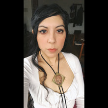 Load image into Gallery viewer, Memento Mori Skull Bolo Tie in Copper, Brass and Leather with Sterling Silver Teeth