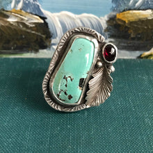 Load image into Gallery viewer, Stunning Turquoise and Garnet Statement Ring. Adjustable Size.