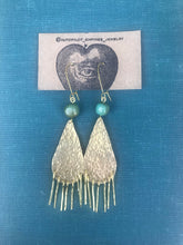 Load image into Gallery viewer, Hammered Brass Shoulder Duster Earrings with Turquoise Beads and Goldplate Earwires