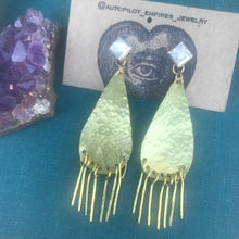 Load image into Gallery viewer, Hammered Brass Shoulder Duster Earrings with Quartz Pyramids and Sterling Silver Posts
