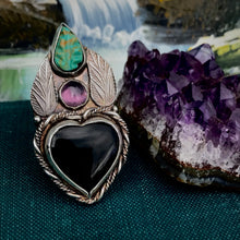 Load image into Gallery viewer, Dark Heart: Onyx, Purple Sapphire and Carved Turquoise Statement Ring. Adjustable Size