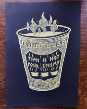 Load image into Gallery viewer, “Time is Not Your Enemy” Hand-Pressed Linocut Art Print by Autopilot Empires. Classic Anthora Greek Coffee Cup