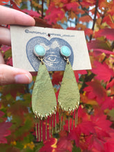 Load image into Gallery viewer, Hammered Brass Shoulder Duster Earrings with Jade and Sterling Silver Posts