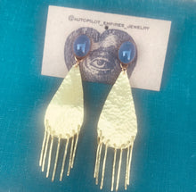 Load image into Gallery viewer, Hammered Brass Shoulder Duster Earrings With Blue Chalcedony and Sterling Silver Posts
