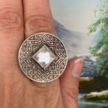 Load image into Gallery viewer, Moroccan Coin Ring with Quartz Pyramid and Shank Made from Vintage Sterling Baby Spoon. Size 6.75.
