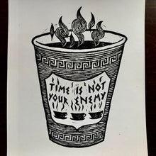Load image into Gallery viewer, “Time is Not Your Enemy” Hand-Pressed Linocut Art Print by Autopilot Empires. Classic Anthora Greek Coffee Cup