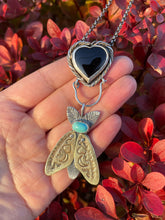 Load image into Gallery viewer, Made-to-Order Moth Pendant with Moveable Wings in Sterling, Brass and Turquoise
