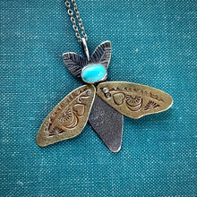 Load image into Gallery viewer, Made-to-Order Moth Pendant with Moveable Wings in Sterling, Brass and Turquoise
