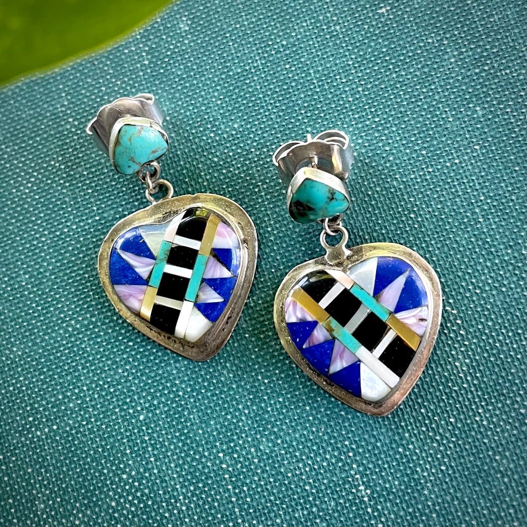 Amazing 1990s Vintage Inlay Heart Earrings