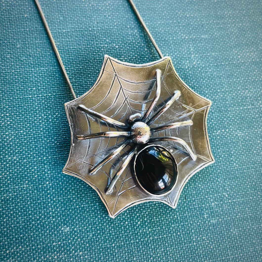 3D Spider Pendant in Sterling Silver with Onyx Cabochon