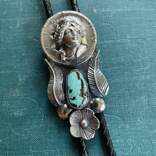 Load image into Gallery viewer, Bolo Tie with 1964 Silver Pop-Out Coin, Turquoise and Handmade Leaves &amp; Flower in Solid Sterling Silver
