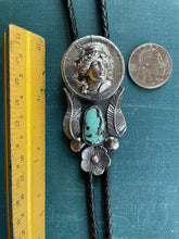 Load image into Gallery viewer, Bolo Tie with 1964 Silver Pop-Out Coin, Turquoise and Handmade Leaves &amp; Flower in Solid Sterling Silver
