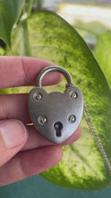 Load and play video in Gallery viewer, FULL SALE DONATED: Amazing Vintage Working Steel Heart Lock with Key on Silverplate Chain.
