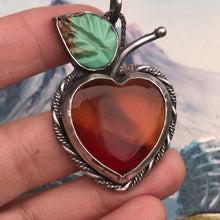 Load and play video in Gallery viewer, Beautiful Peach Pendant with Carnelian and Carved Turquoise on Sterling Chain
