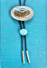 Load image into Gallery viewer, Epic Picture Jasper and Turquoise Double Slide Bolo Tie
