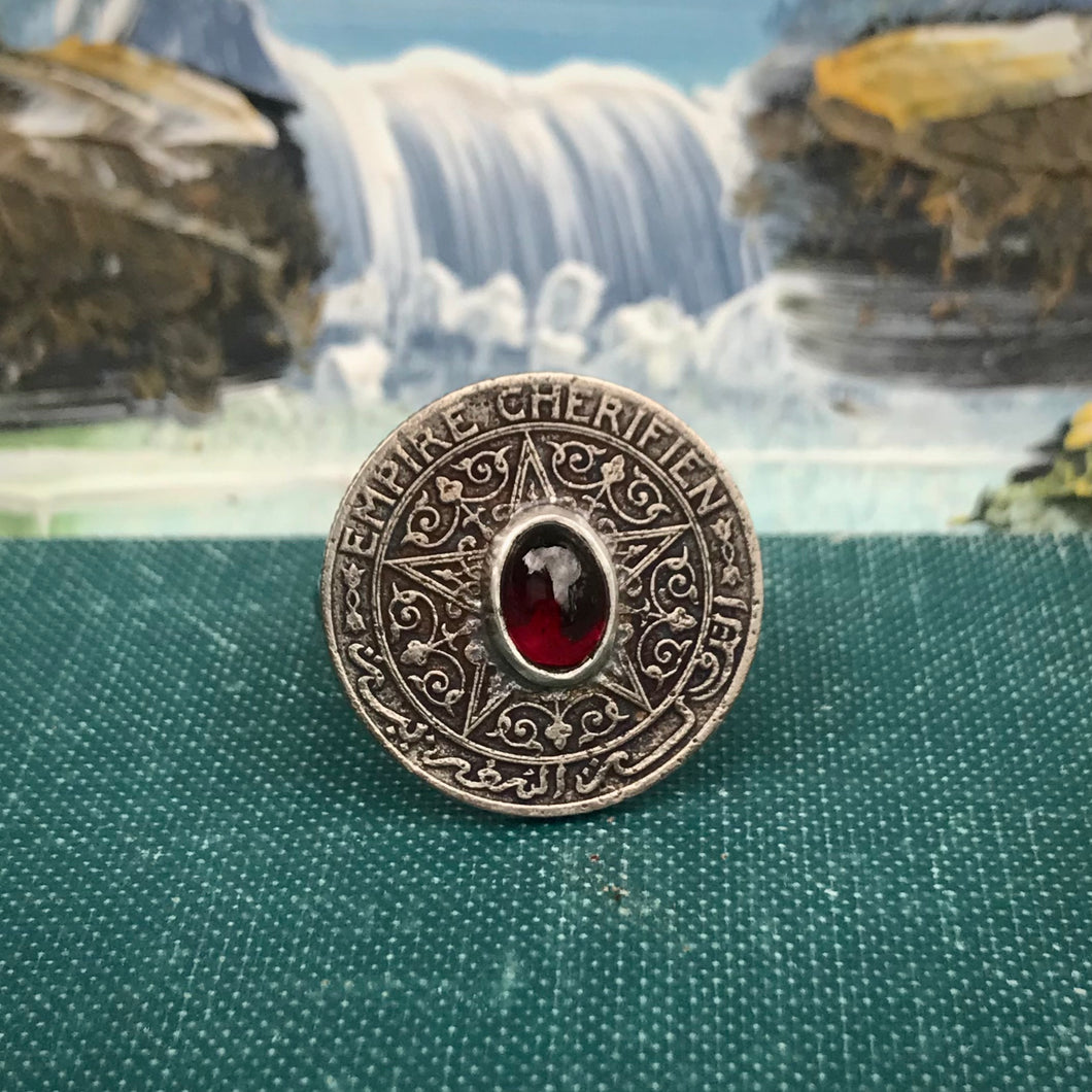 Vintage Moroccan Coin Ring with Garnet and Sterling Shank