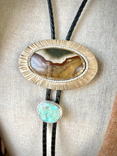 Load image into Gallery viewer, Epic Picture Jasper and Turquoise Double Slide Bolo Tie
