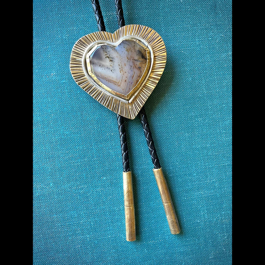 Agate Heart Bolo Tie in Brass