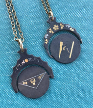 Load image into Gallery viewer, SECRET MESSAGE Antique Masons Masonic Hidden Spinning Watch Fob Pendant Necklace. Square and Compass. Pentagram.
