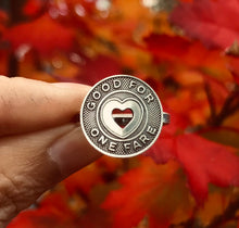 Load image into Gallery viewer, Adorable &quot;Good for One Fare&quot; Vintage Trolley Token Ring with Sterling Band. Adjustable Size.
